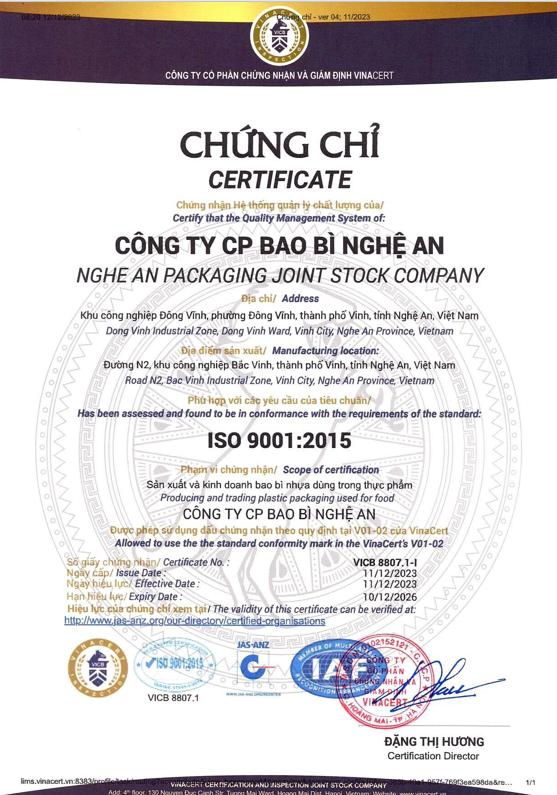 Chứng chỉ ISO9001-2015