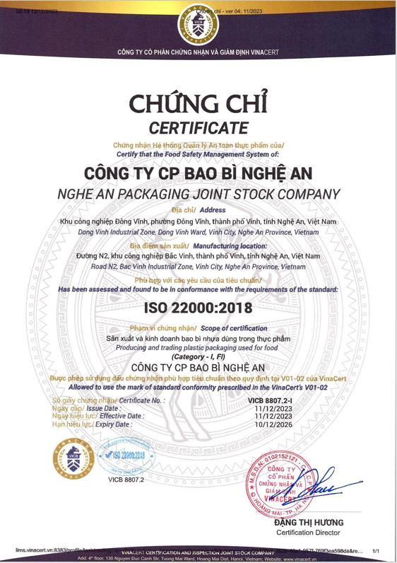 Chứng chỉ ISO22000-2018